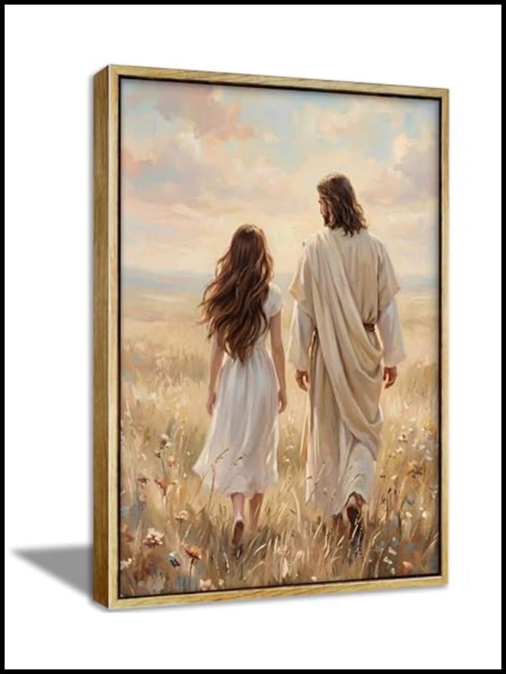 Framed Jesus Walking with Woman Canvas Wall Art Spiritual Faith Home Decor